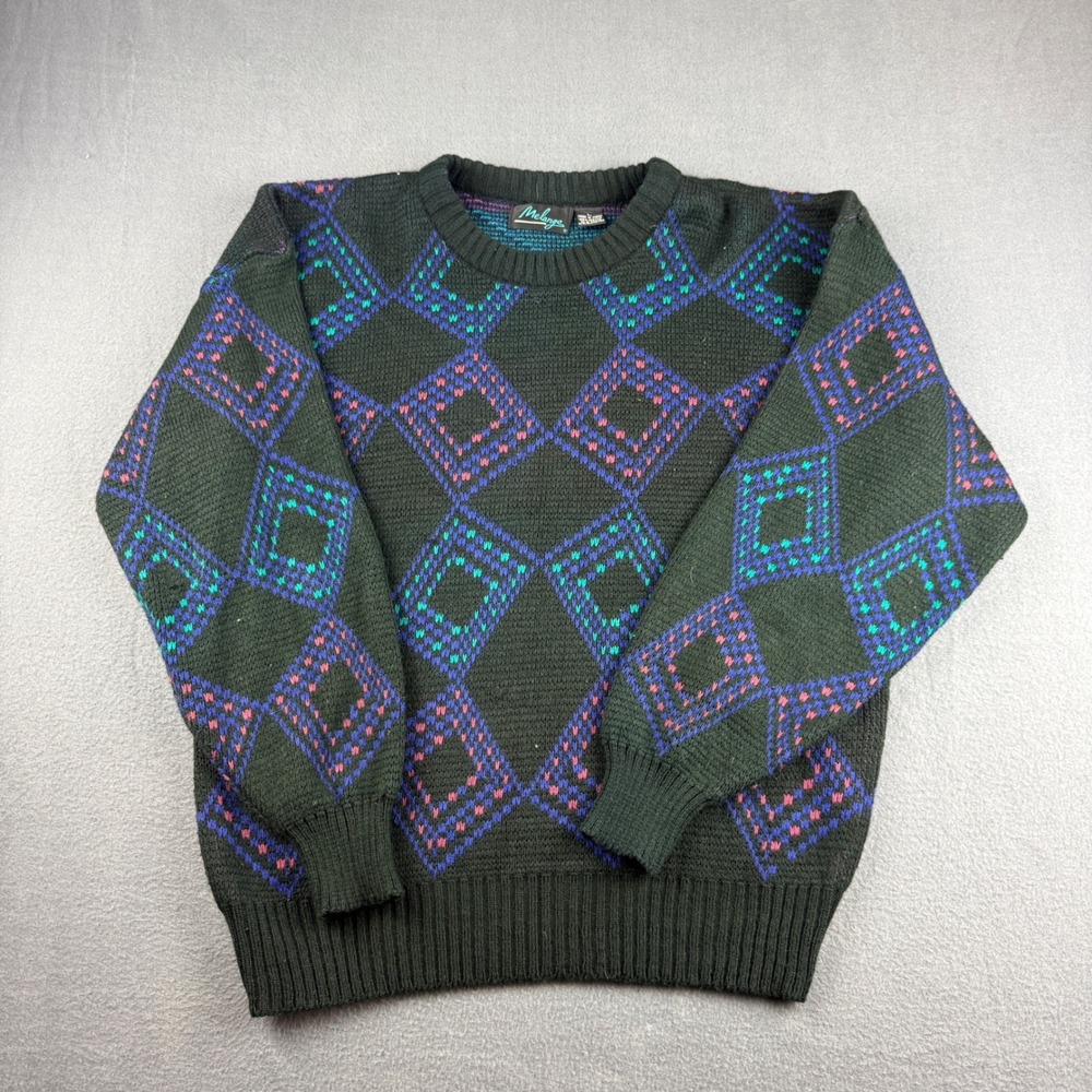 Vintage Sweater Mens L Black Melange 90s Geometric Diamond Knit Acrylic Pullover